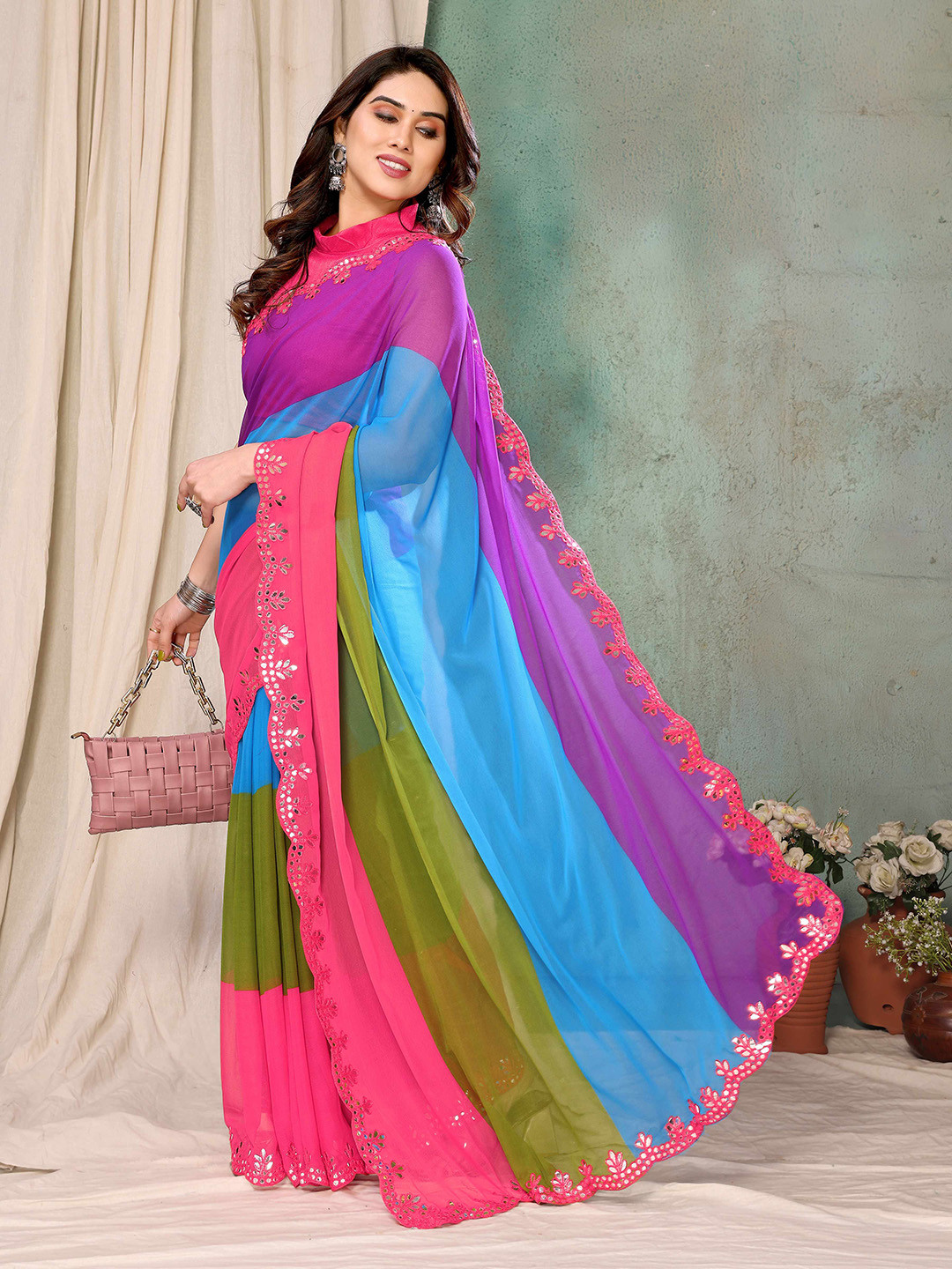 PHORIA STYLE Striped Patchwork Pure Georgette Saree With Blouse Piece