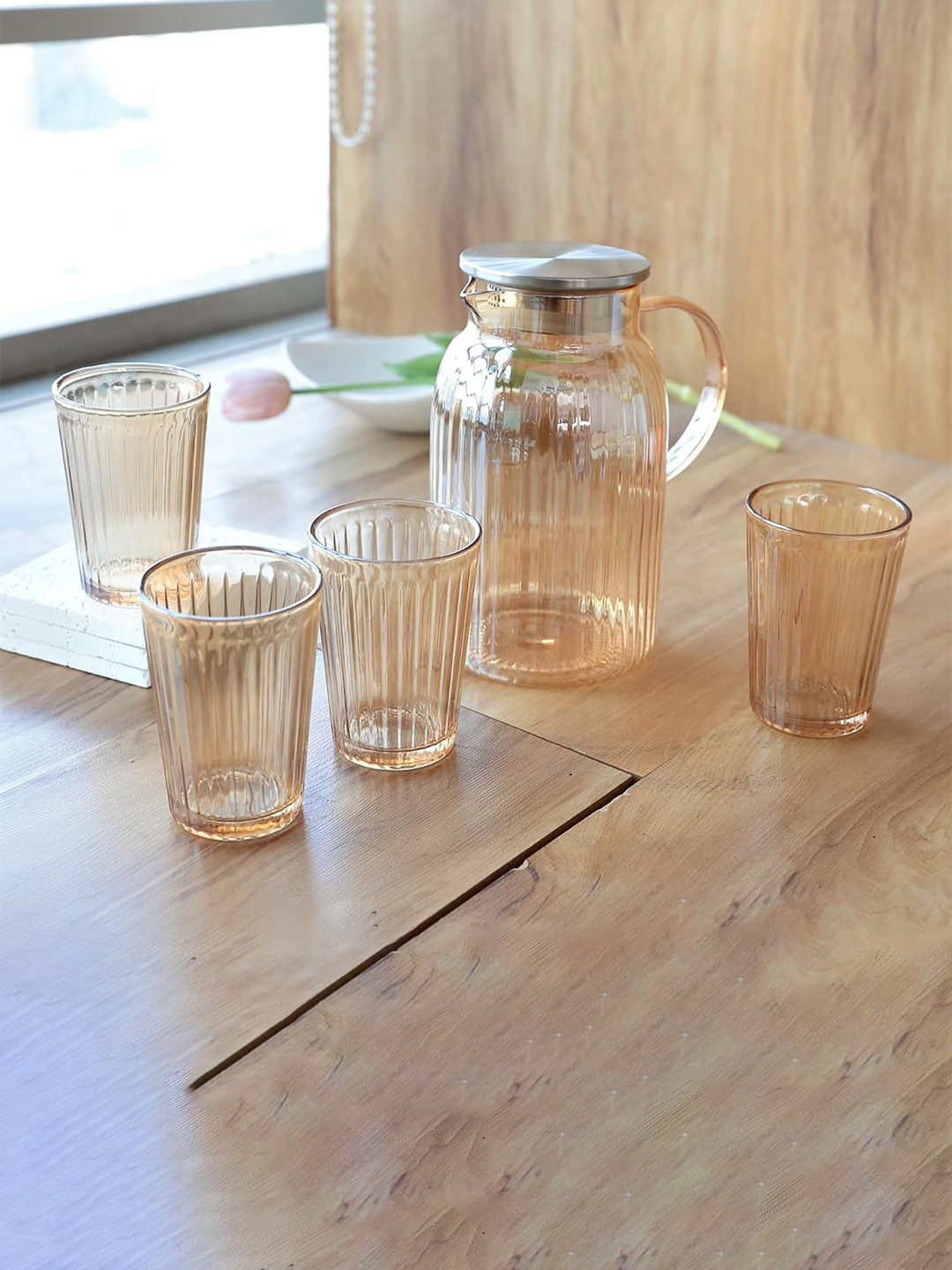 UMAI Brown 5 Pieces Glass Water Jug With Lid & Glasses