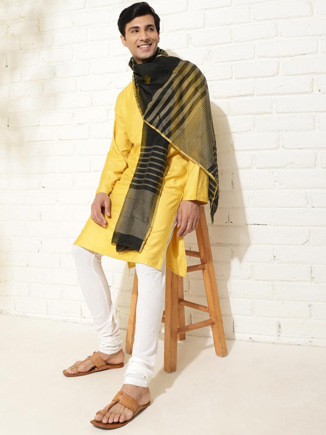 Fabindia Black Cotton Silk Blend Striped Maheshwari Stole