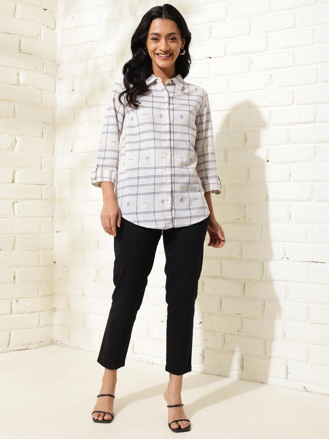 Fabindia Women Spread Collar Windowpane Checks Regular Fit Checked Casual Shirt