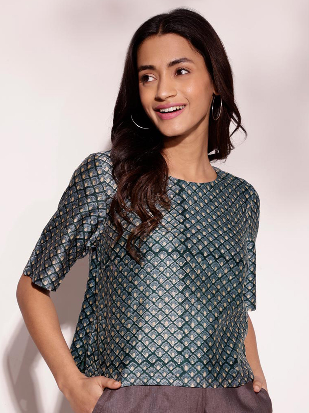 Fabindia fashion Round Neck Printed Short Sleeves Cotton Top