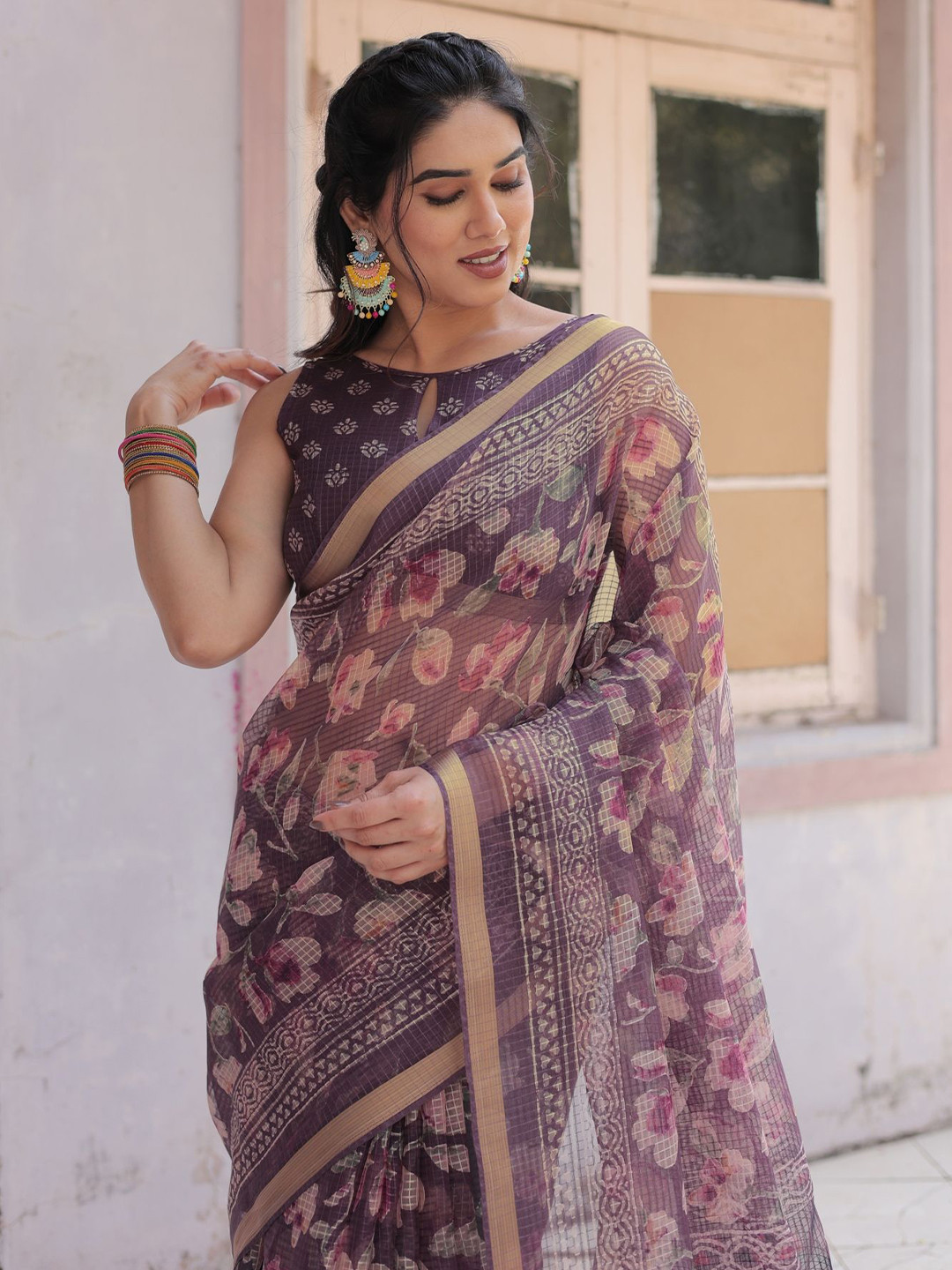 KALINI Floral Zari Kota Doria Saree