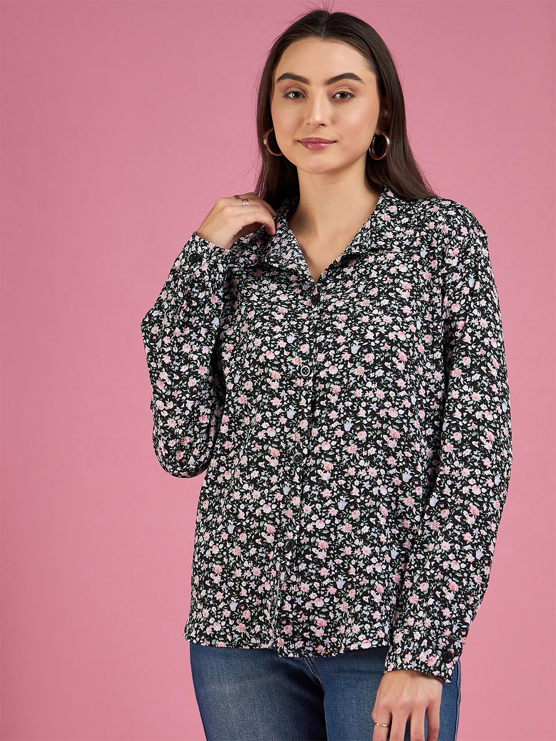 DressBerry Black Smart Floral Printed Casual Shirt