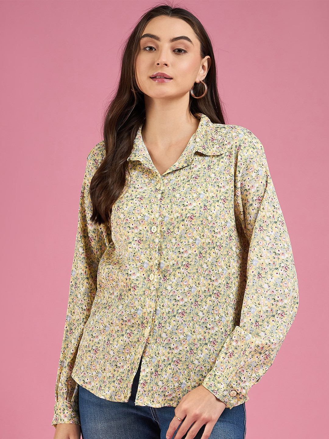 DressBerry Yellow Smart Floral Printed Casual Shirt