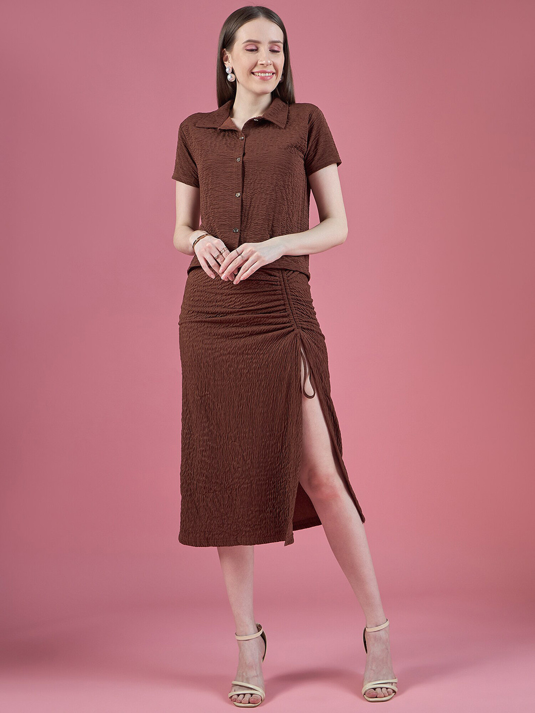 DressBerry Women Self Design Shirt with Long Slit Skirt Co-Ords Set
