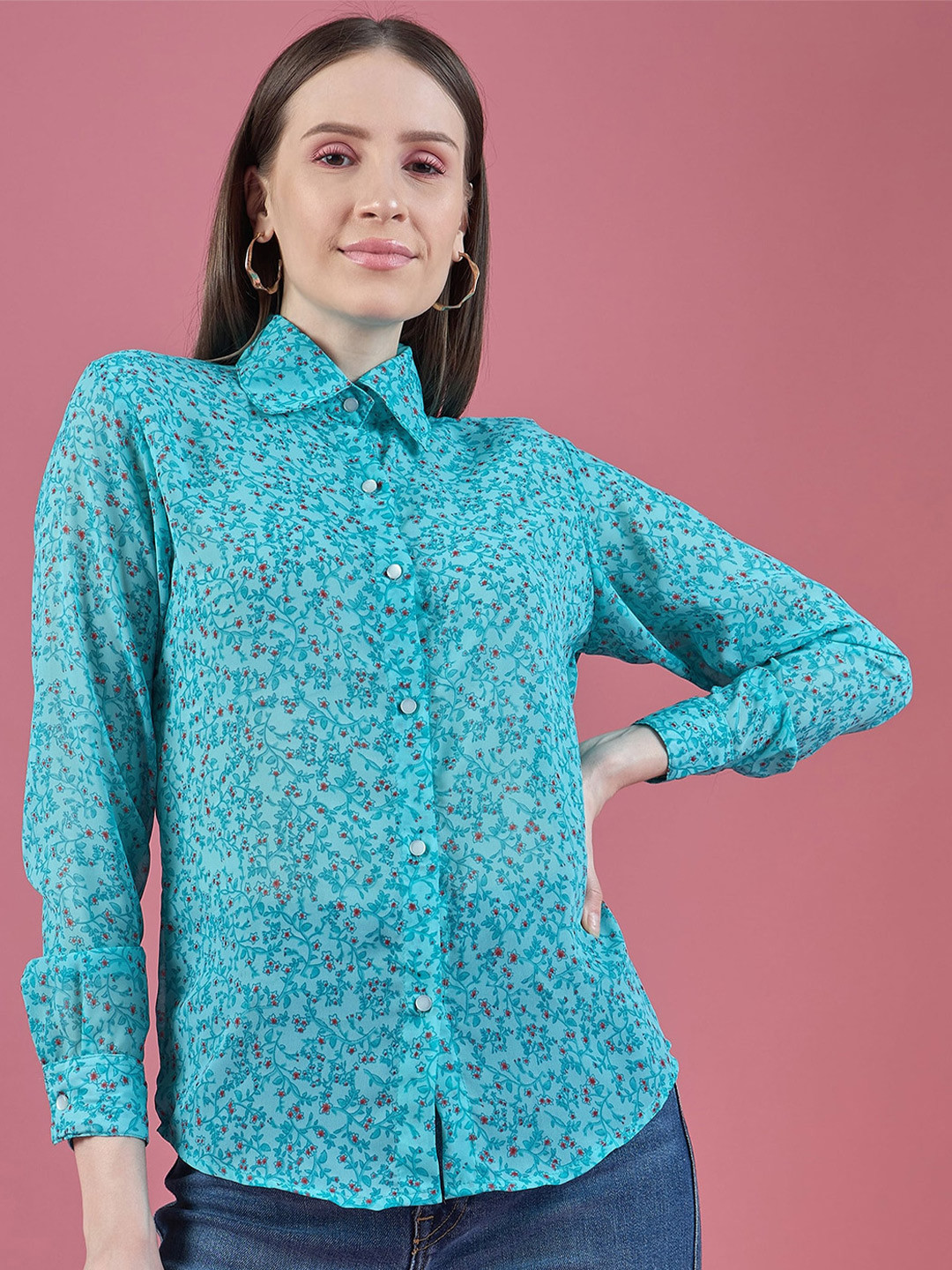 DressBerry Smart Turquoise Blue Floral Print Spread Collar Semi Sheer Chiffon Casual Shirt