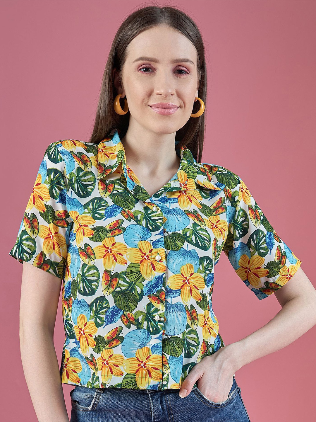 DressBerry Yellow Relaxed Floral Printed Casual Shirt