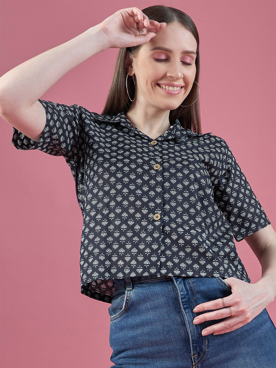 DressBerry Relaxed Black Ethnic Motifs Printed Lapel Collar Pure Cotton Casual Shirt