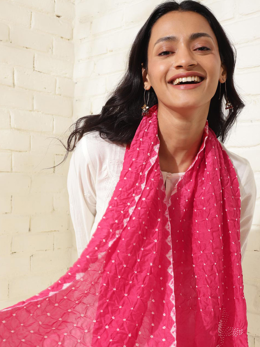 Fabindia Pink Viscose Blend Bandhani Stole