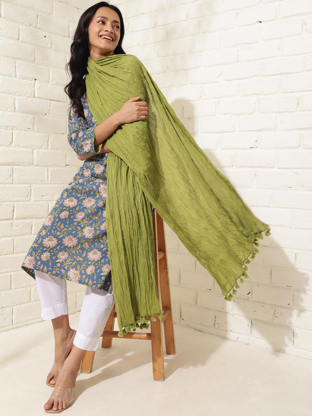Fabindia Avni Blue Cotton Floral Printed Kurta and Dupatta