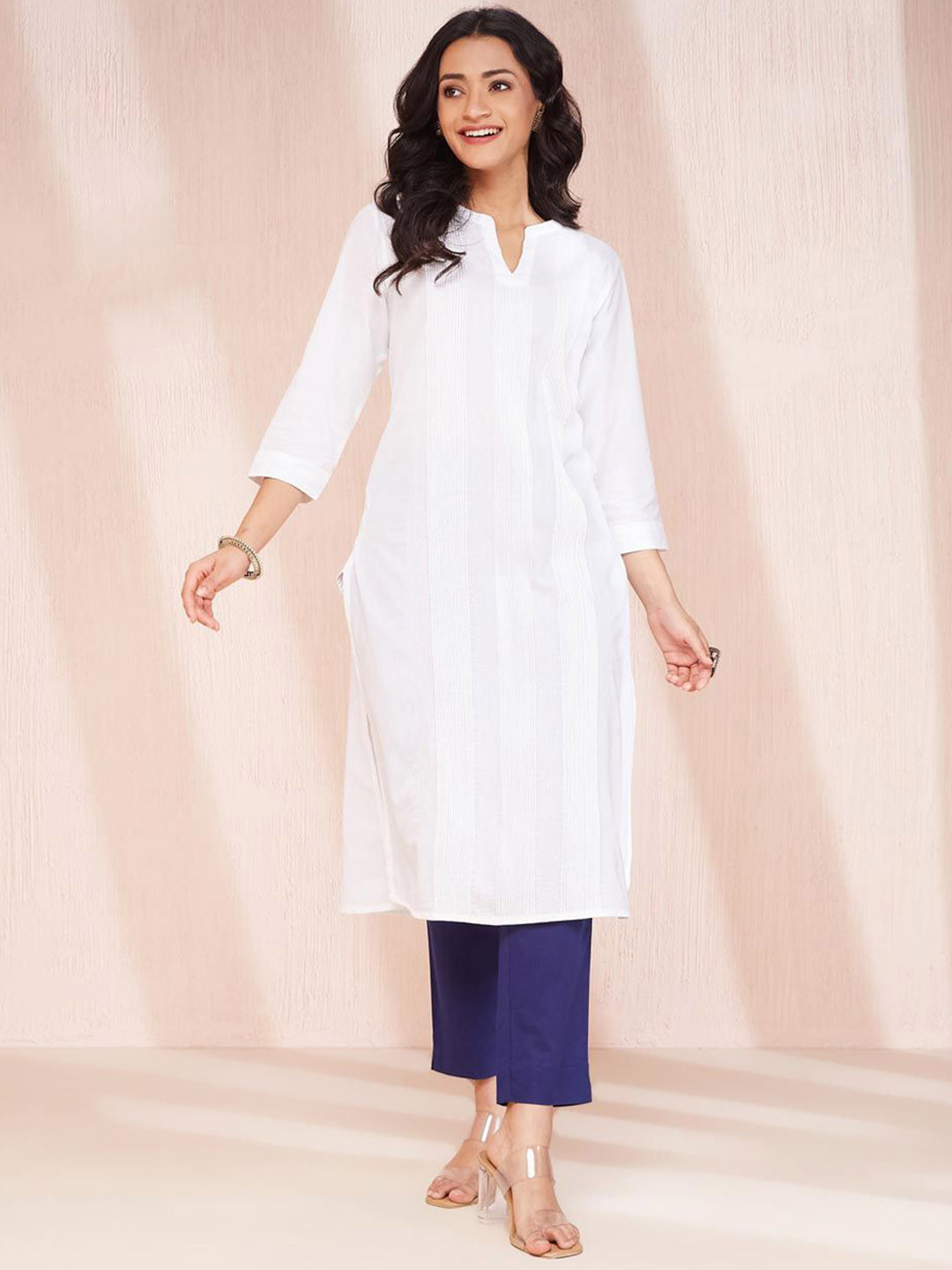 Fabindia Striped Round Neck Cotton Straight Kurta