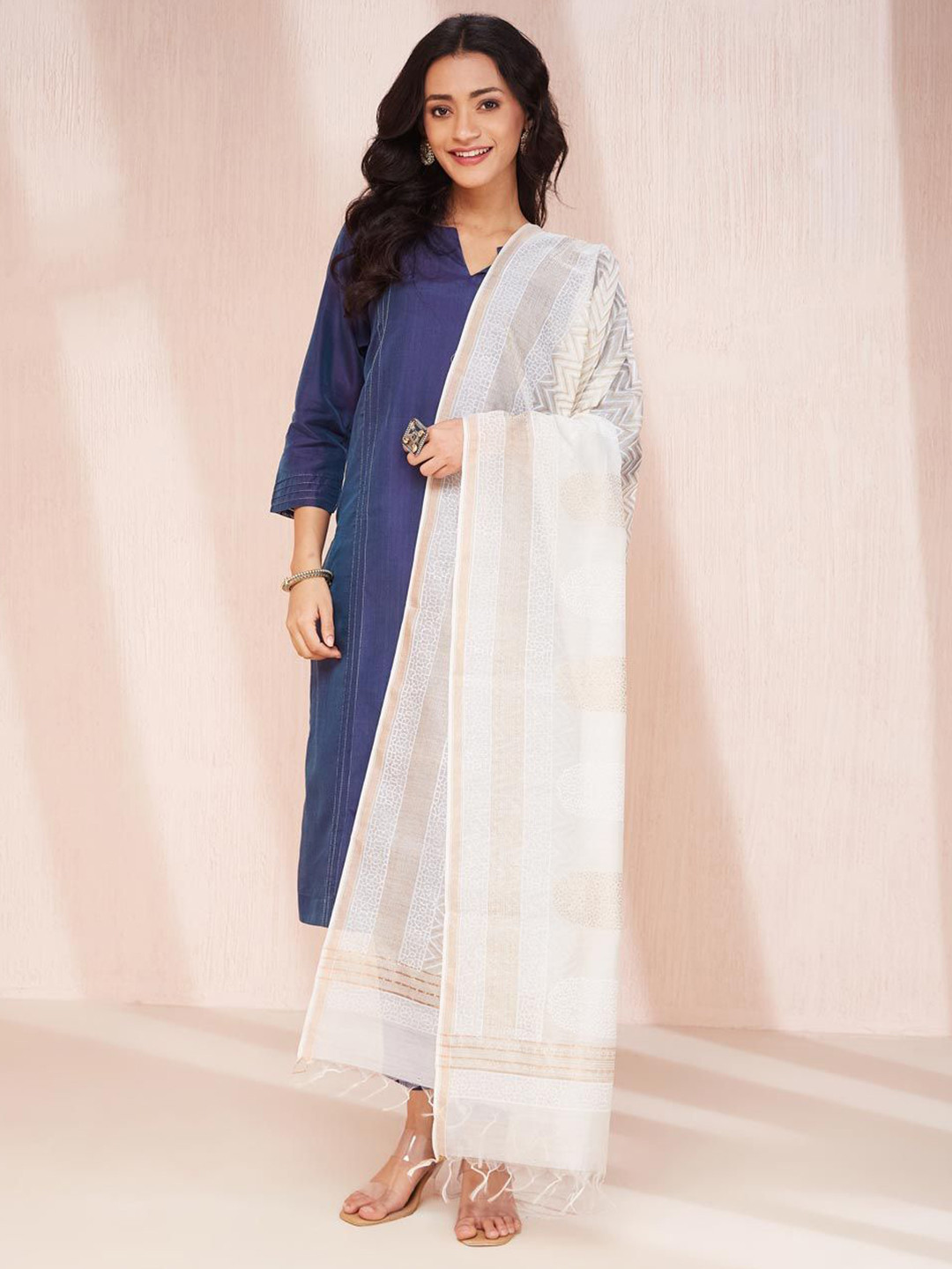 Fabindia Natural Cotton Silk Blend Hand Block Printed Dupatta