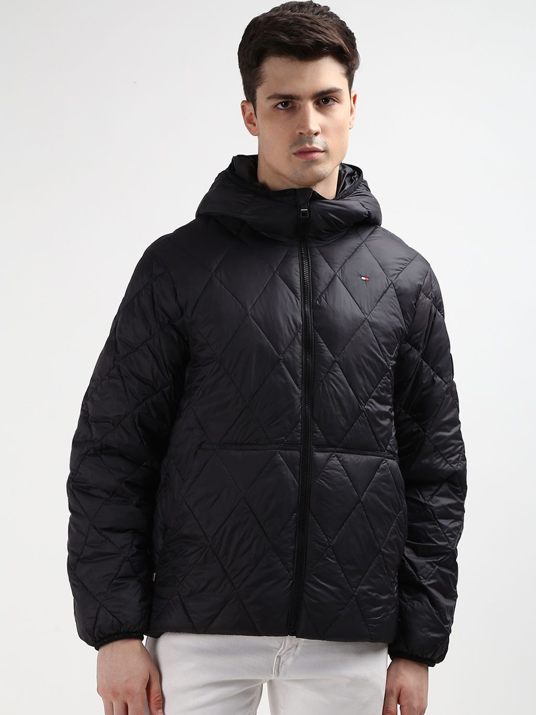 Tommy Hilfiger Men Black Solid Hooded Full Sleeves Padded Jacket