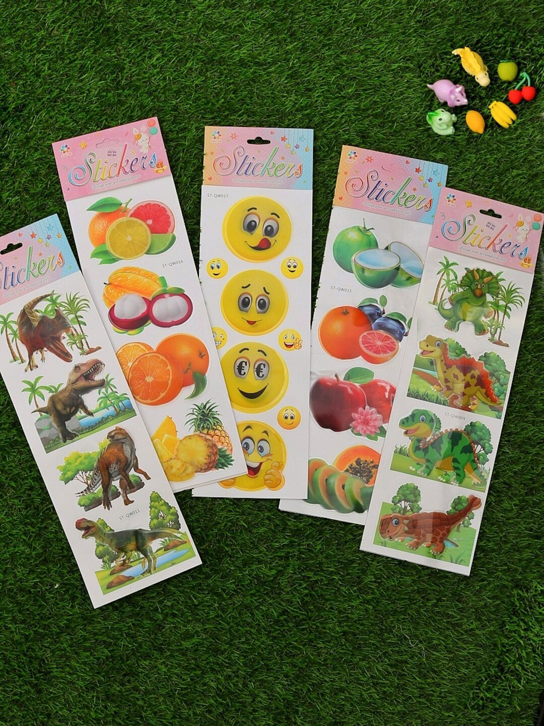 Yellow Bee Smiley, Dino, Fruit Set Of 6 3D Stickers Combo , Multicolor