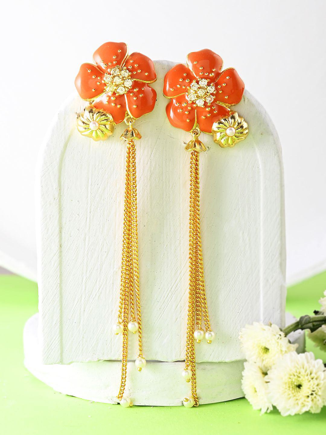 Flower Fantasy Golden Bloom Vermilion Dangler Earrings
