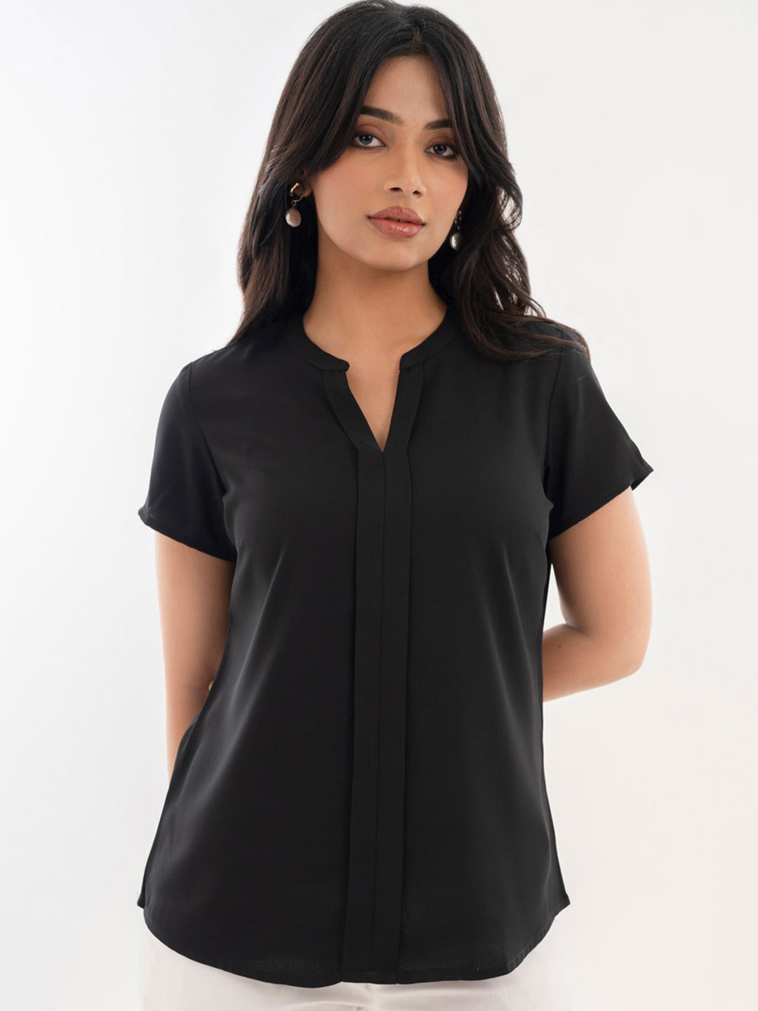 Halff Grey Mandarin Collar Short Sleeves Solid Top