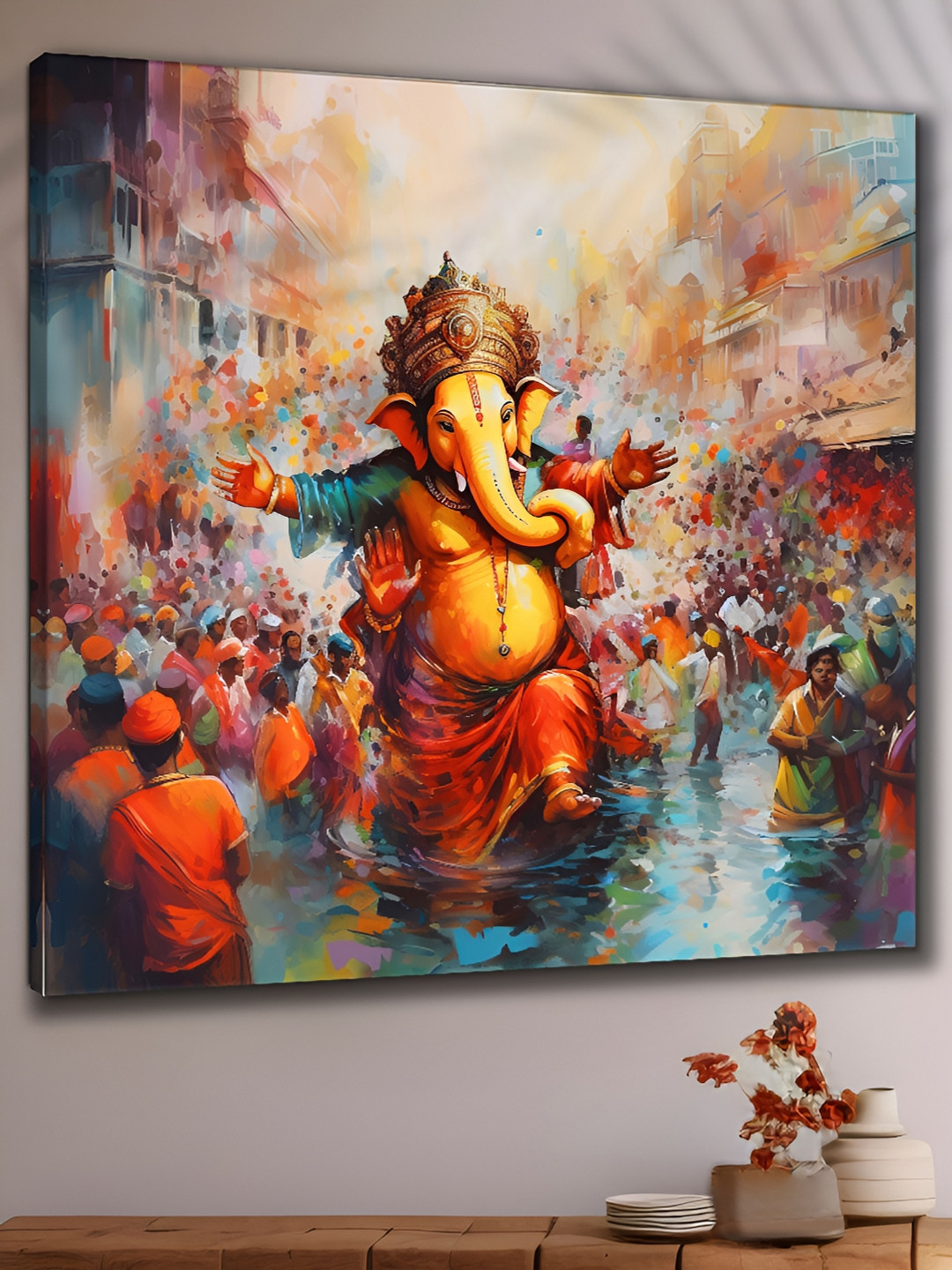 Aura Orange & Blue Canvas Lord Ganesha Religious Wall Painting