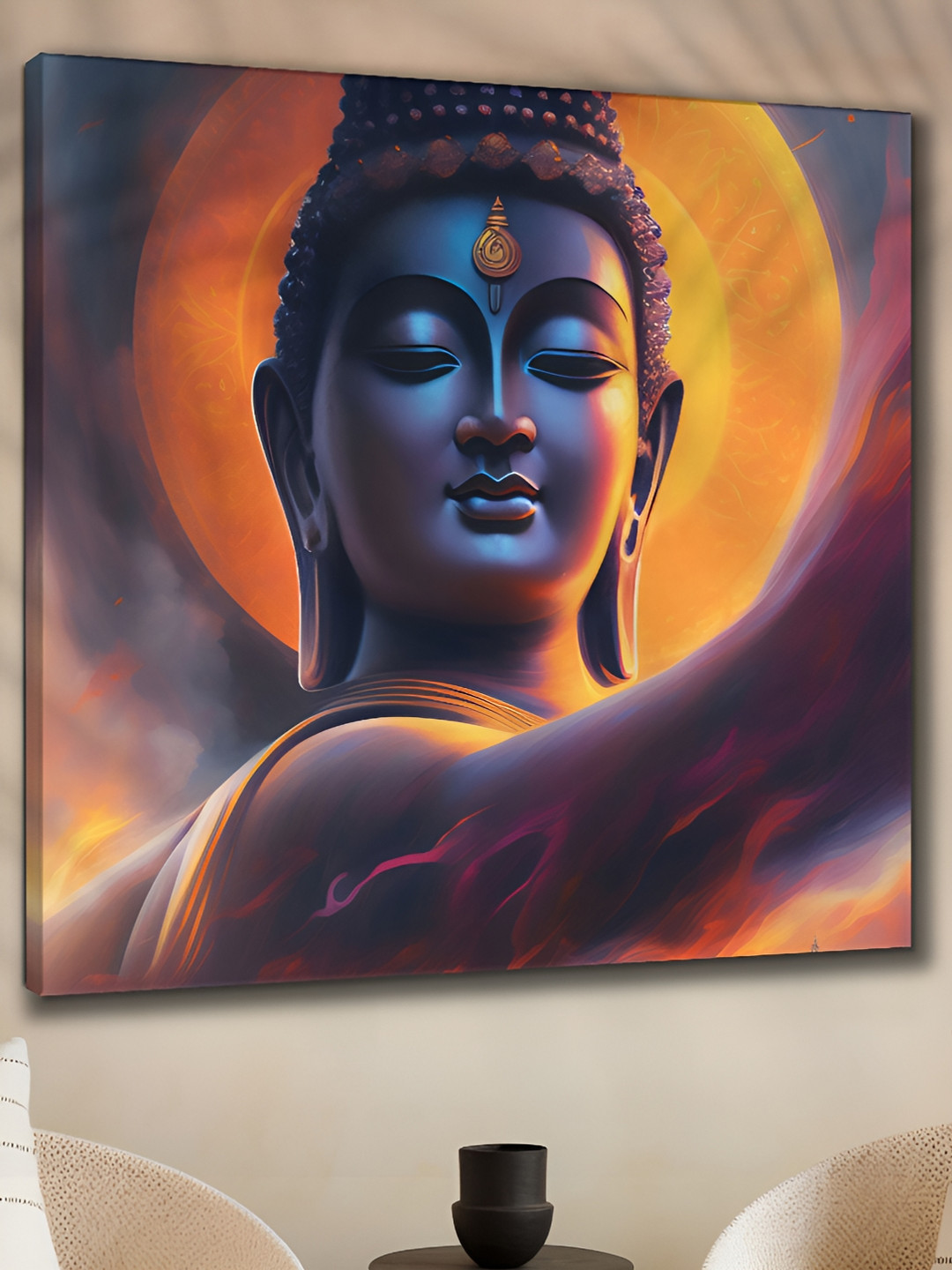 Aura Blue & Orange Lord Buddha Canvas Religious Wall Painting