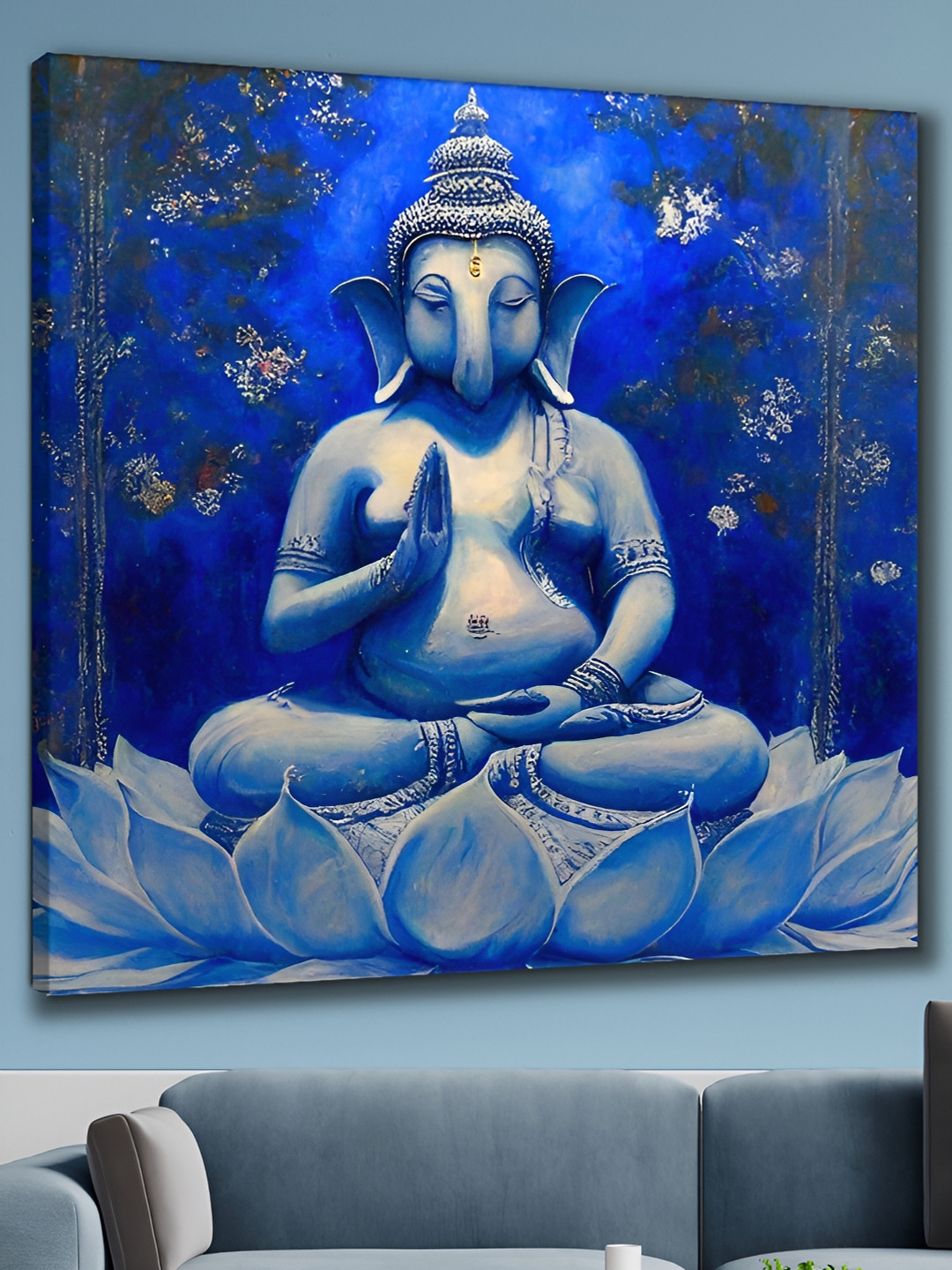 Aura Lord Ganesha Blue Canvas Wall Living Room Square Paintings Wall Art -24 x 24In