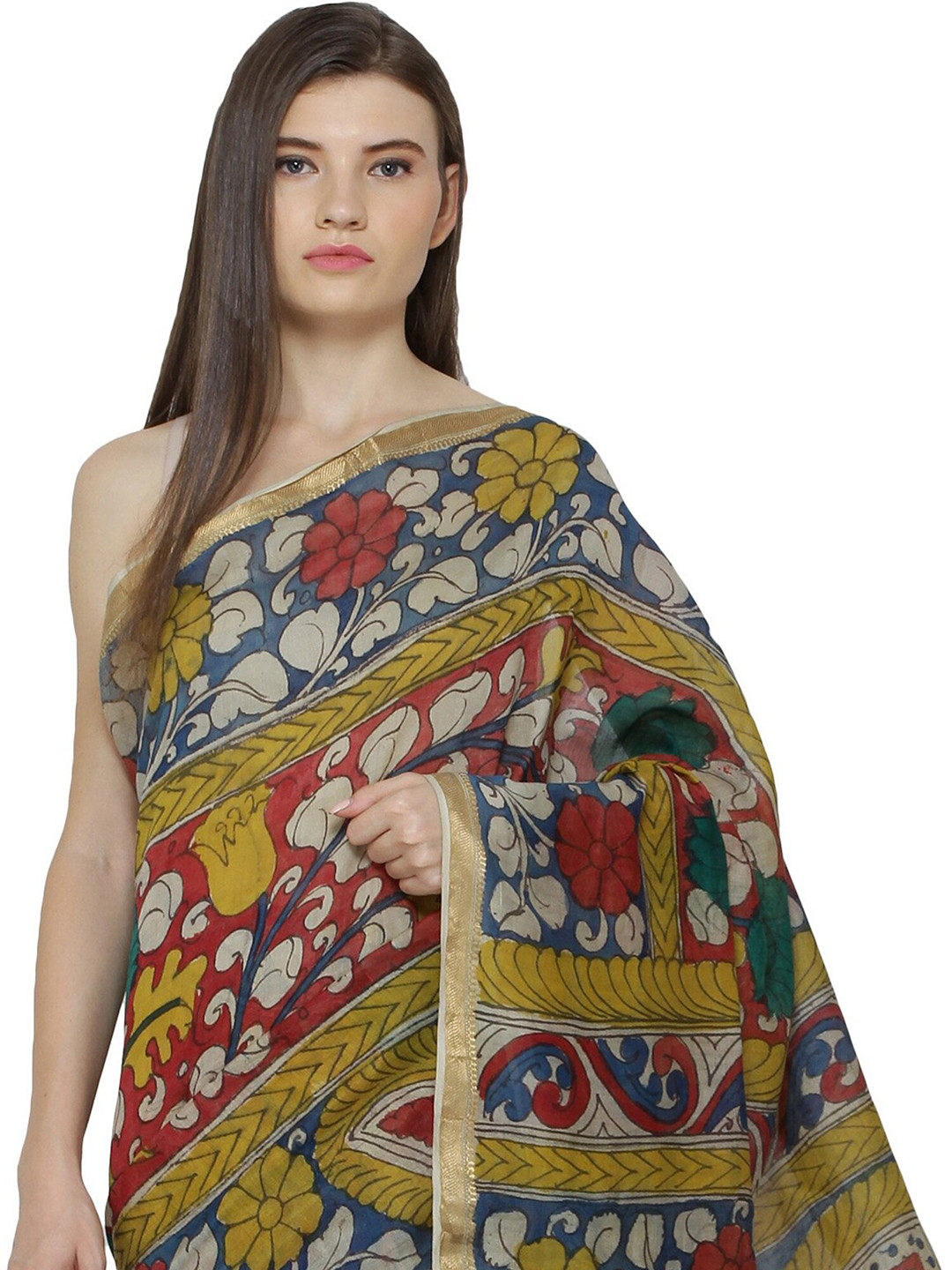 Exotic India Paint Flowers Peacock Pure Cotton Seemandhra Kalamkari Saree