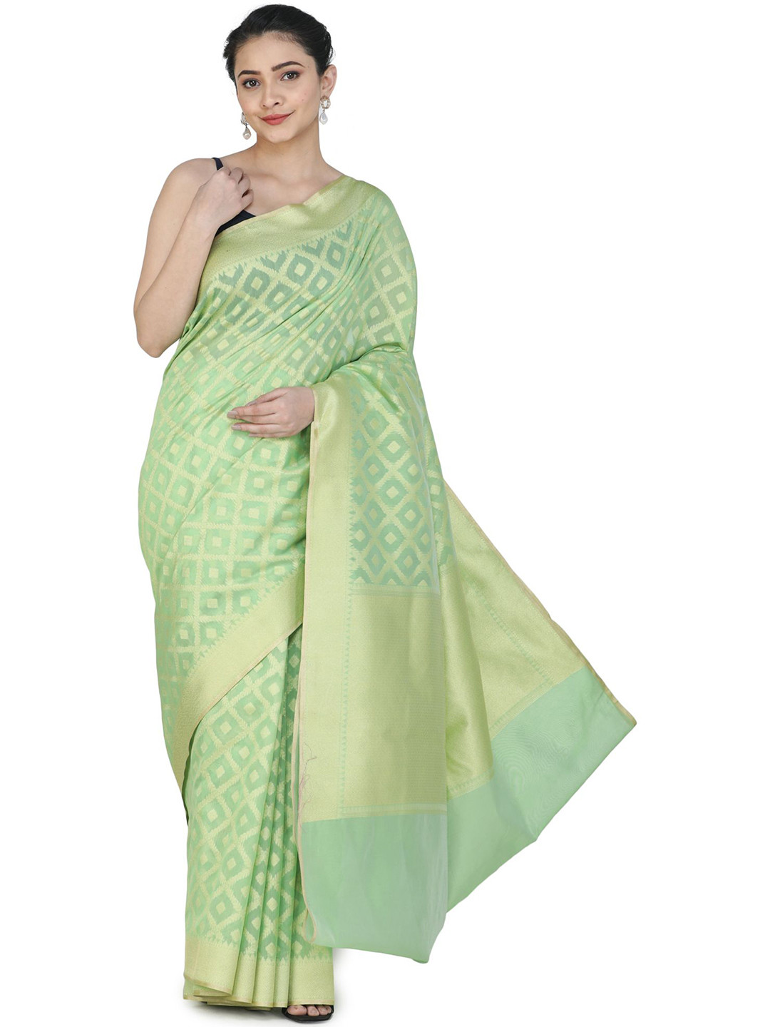 Exotic India Opaline Green Banarasi Silk Brocaded Kora Saree with Woven Pattern All-over