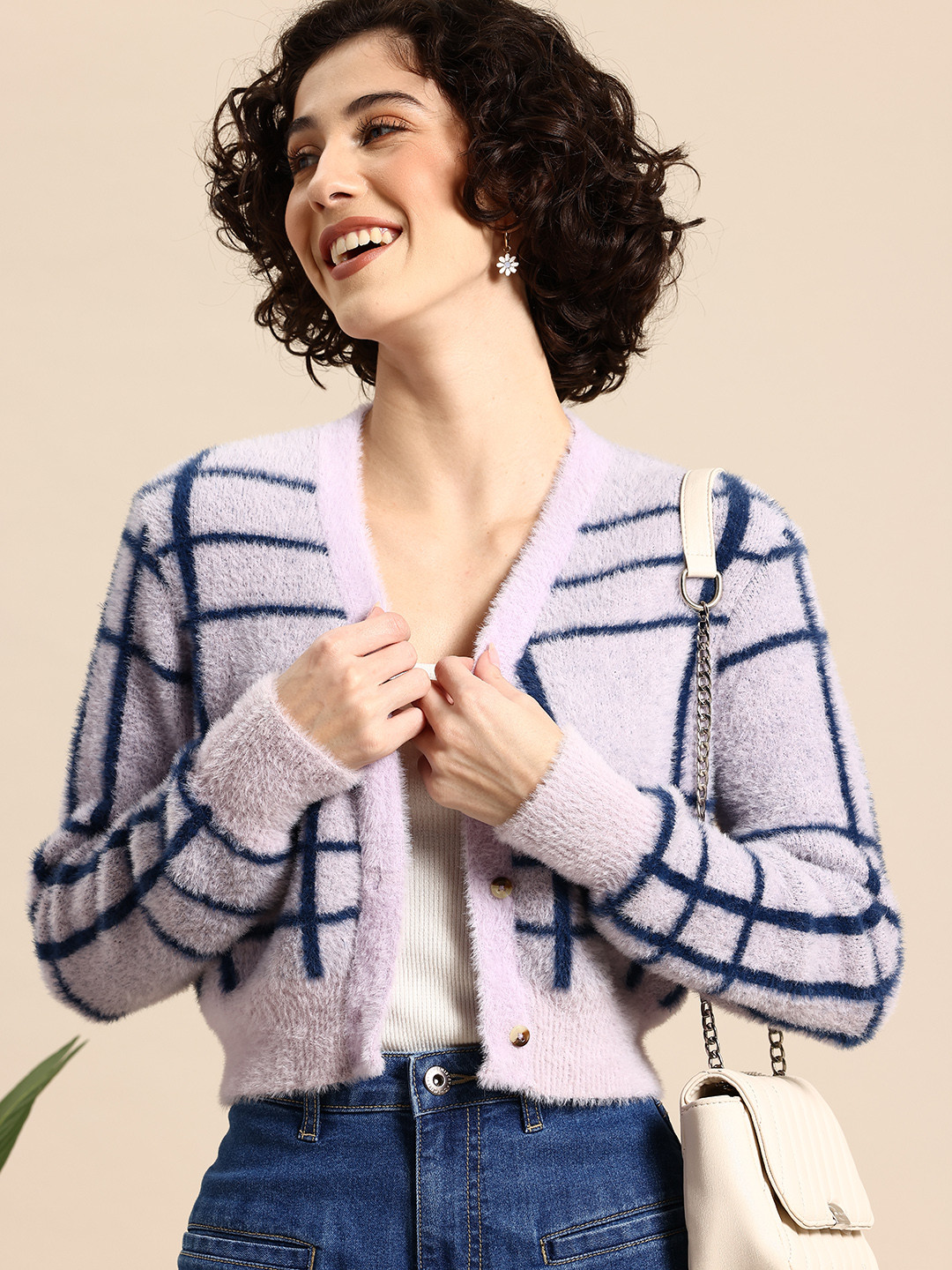 Mast & Harbour Long Sleeves Fuzzy Checked Cardigan