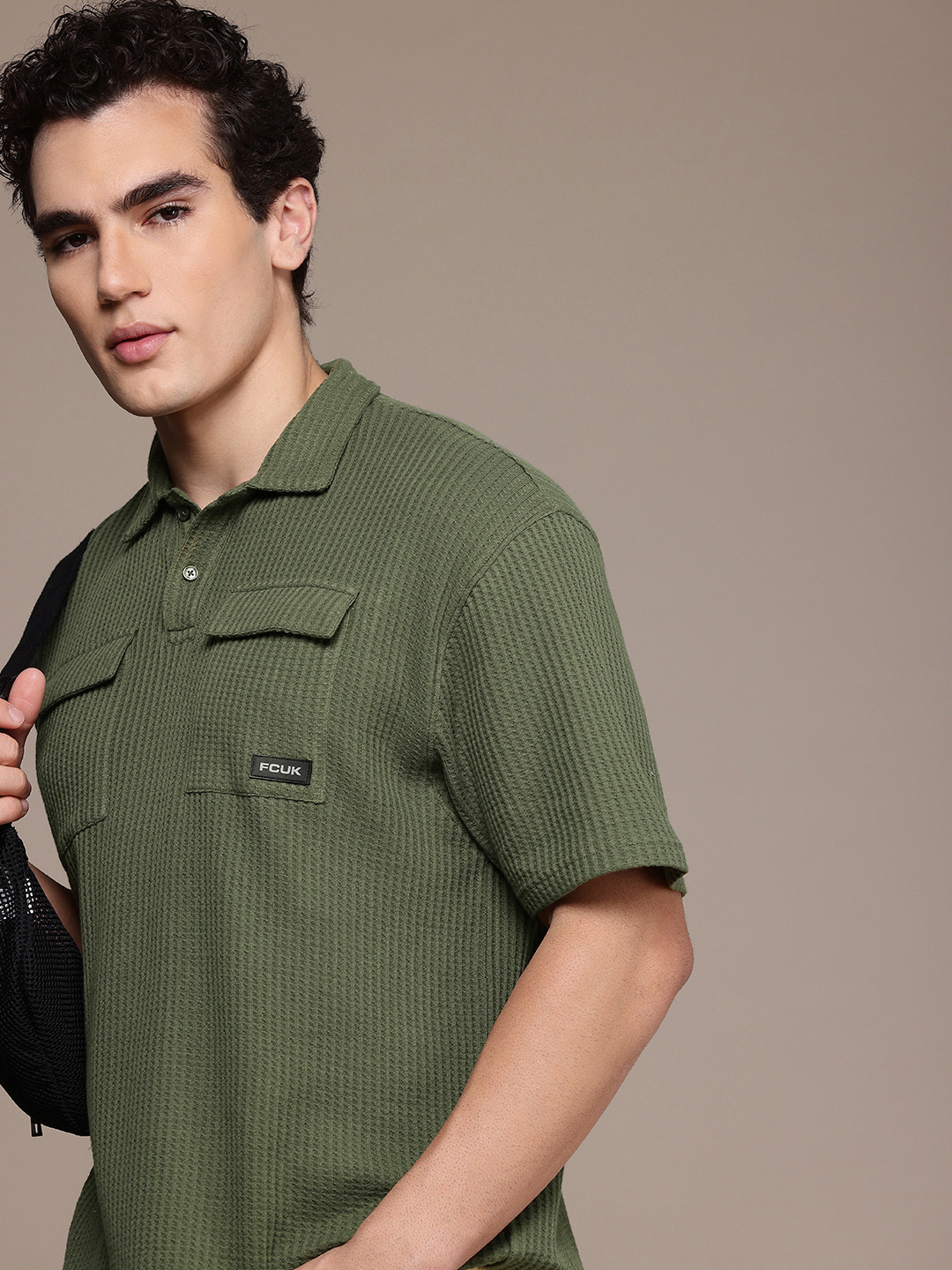 FCUK Pure Cotton Waffle Weave Relaxed Fit Textured Pocket T-shirt