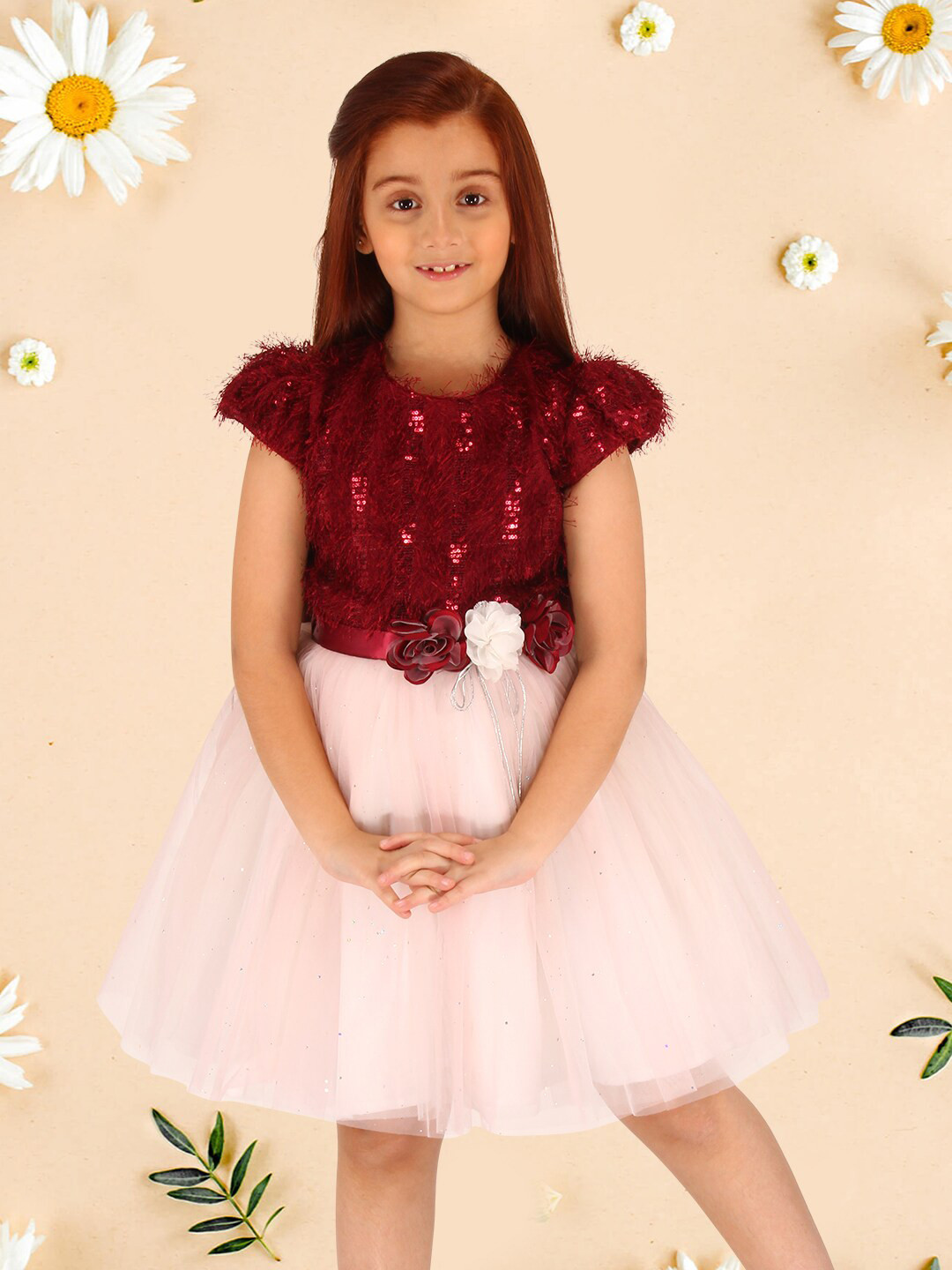 CUTECUMBER Girls Self Design Net Applique Fit & Flare Dress