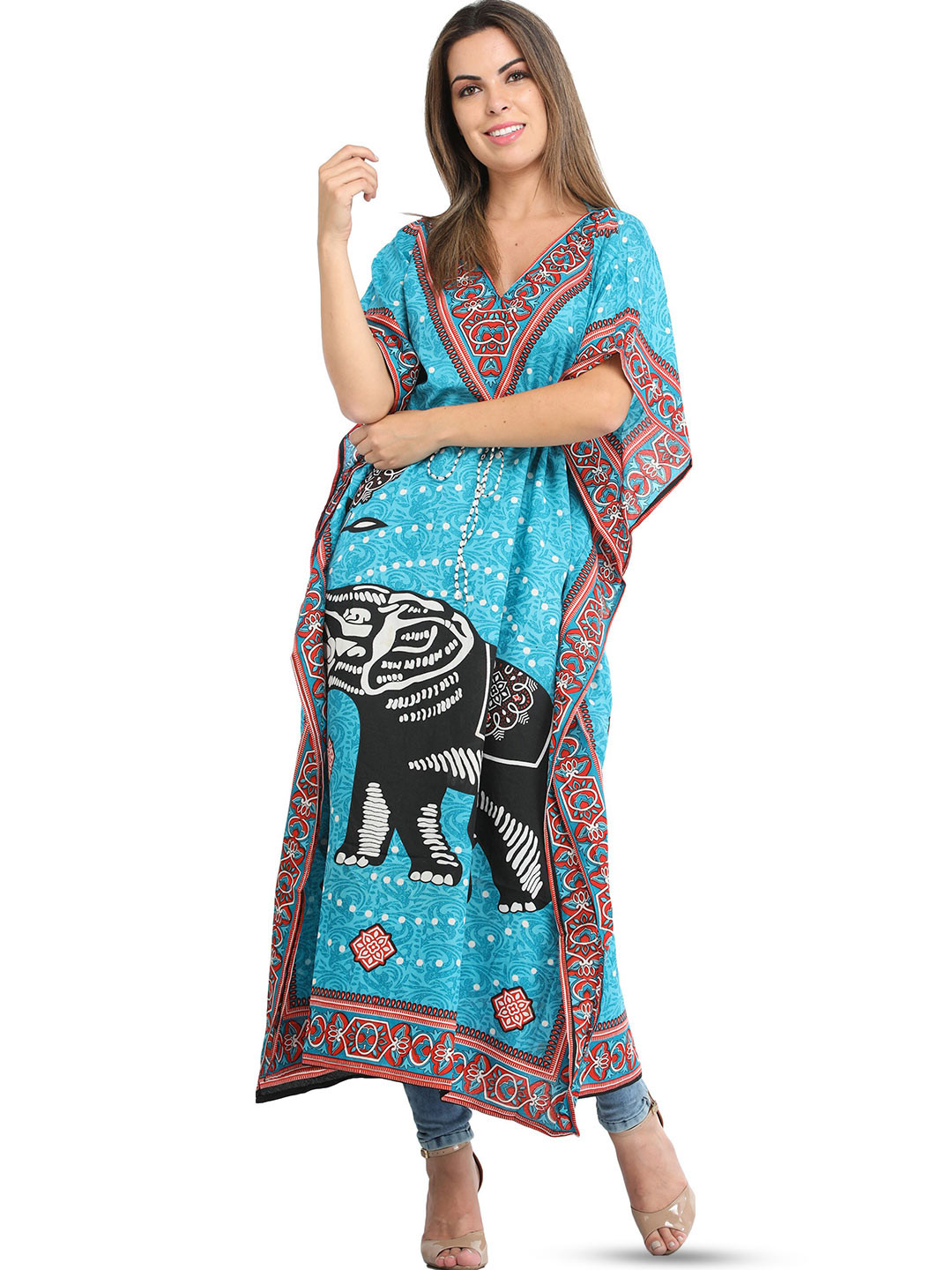Exotic India Printed Elephant River Blue Kaftan and Dori at Waist