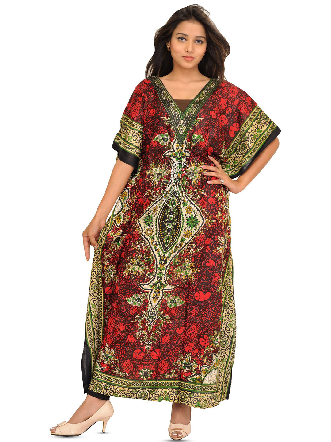 Exotic India Floral Printed Lollipop Red Kaftan with Dori on the Waist