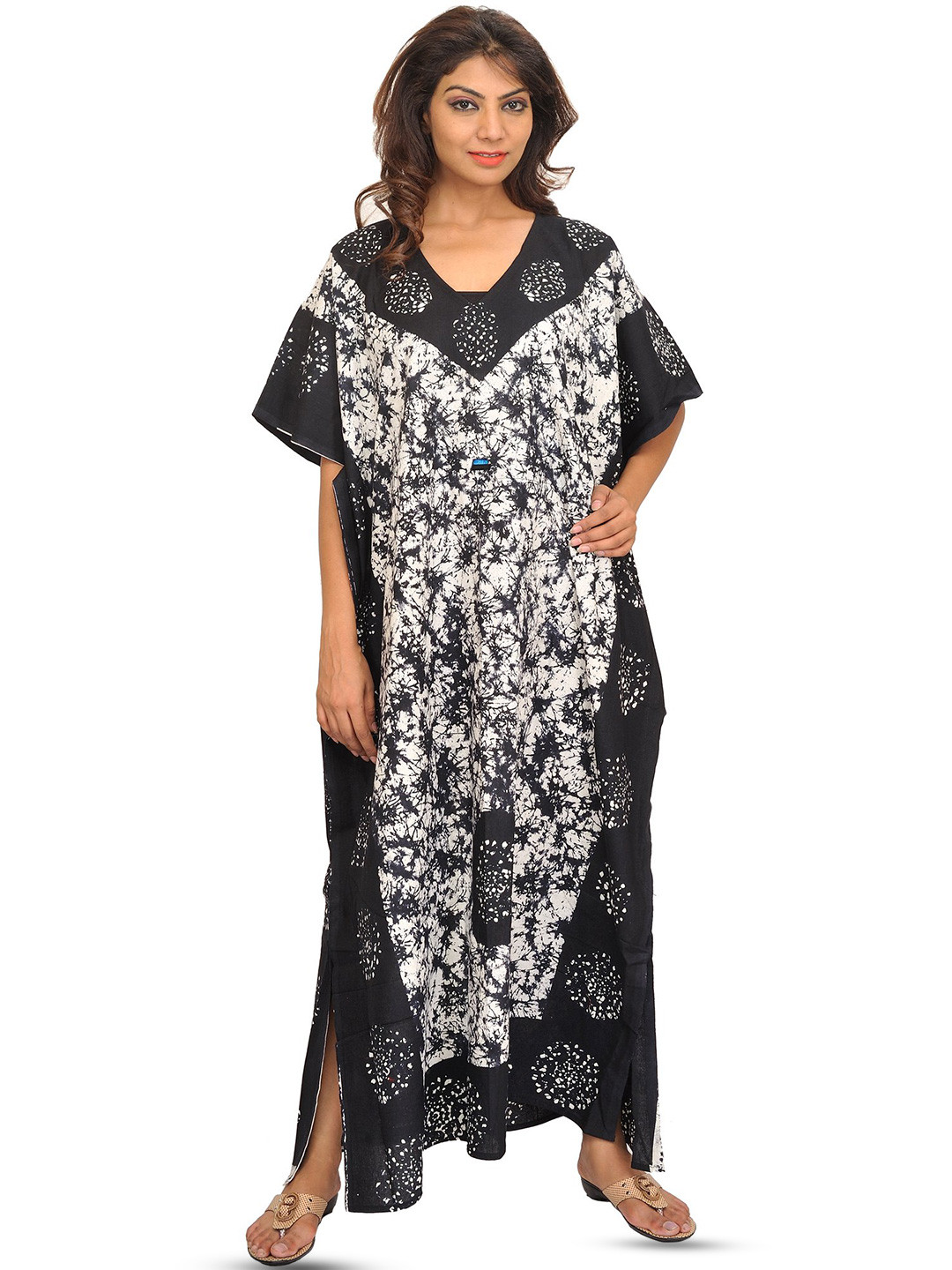Exotic India Black and White Batik-Dyed Kaftan