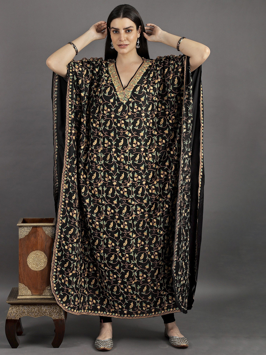 Exotic India Black Aari Long Silk Kaftan With Multi-coloured Flowers