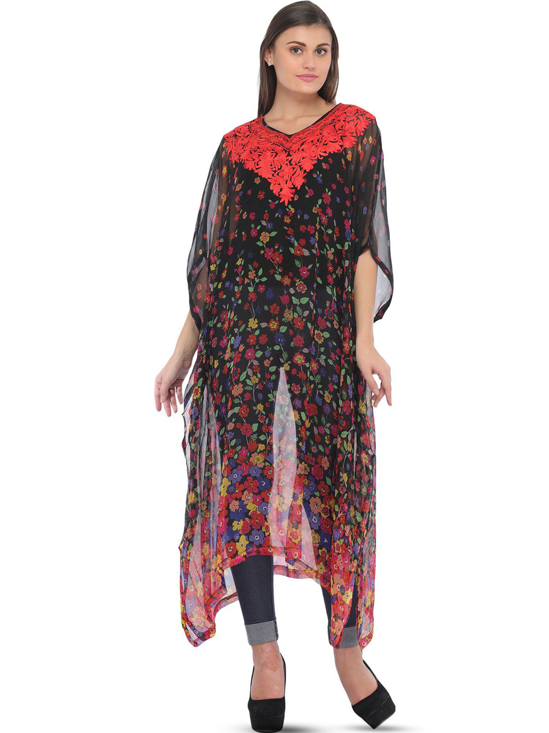Exotic India Black Digital Floral Printed Kashmiri Kaftan with Aari-Embroidery on Neck