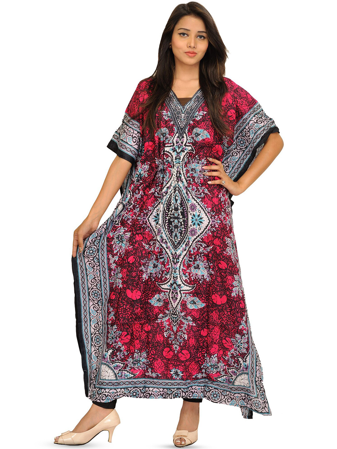 Exotic India Floral Printed Raspberry Sorbet Kaftan with Dori on the Waist
