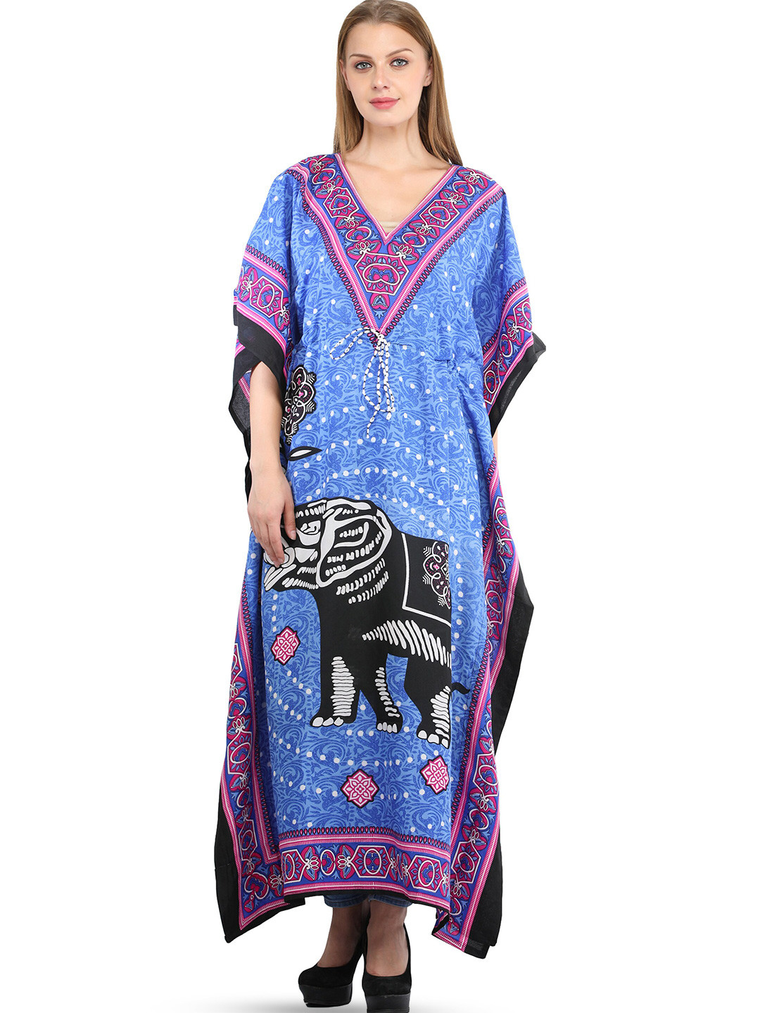 Exotic India V Neck Kimono Sleeves Printed Elephant Kaftan Maxi Dress with Dori at Waist