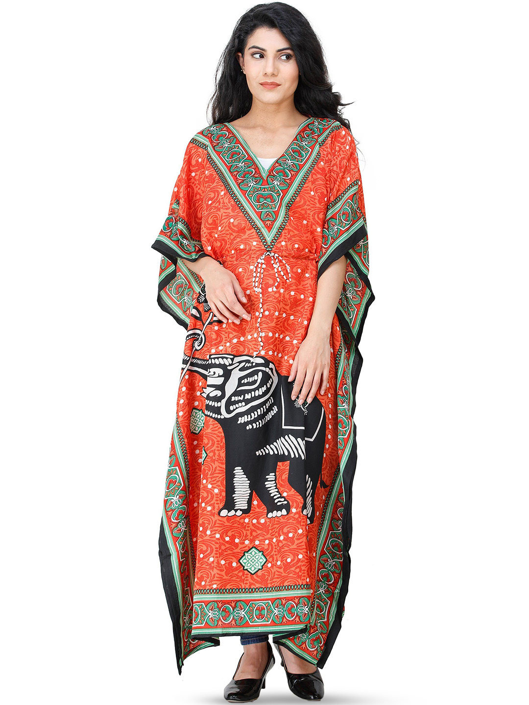 Exotic India V Neck Kimono Sleeves Printed Elephant Kaftan and Dori at Waist