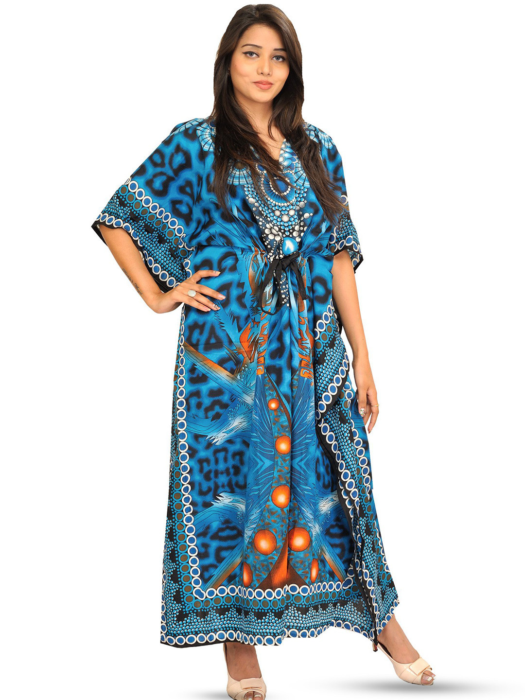 Exotic India Rayon Celestial Blue Long Kaftan with Cosmic Print And Dori At Waist
