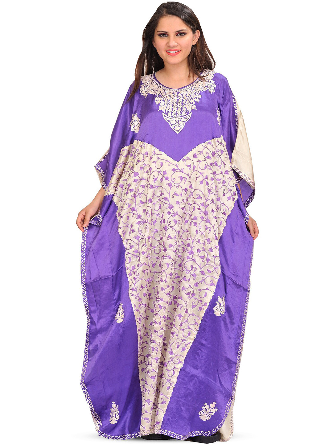 Exotic India Cream and Purple Pure Silk Kashmiri Kaftan with Aari-Embroidered Paisleys