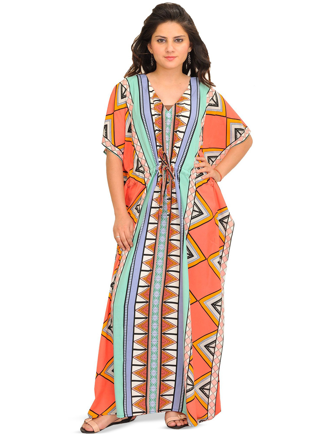 Exotic India Multicolor Kaftan with Inca Print and Waist Sash