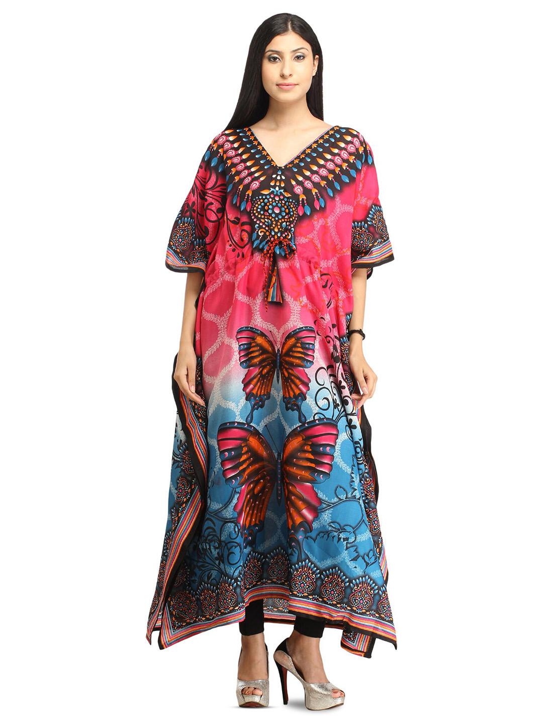 Exotic India Pink And Blue Butterflies Digital-Printed Kaftan with Dori at Waist