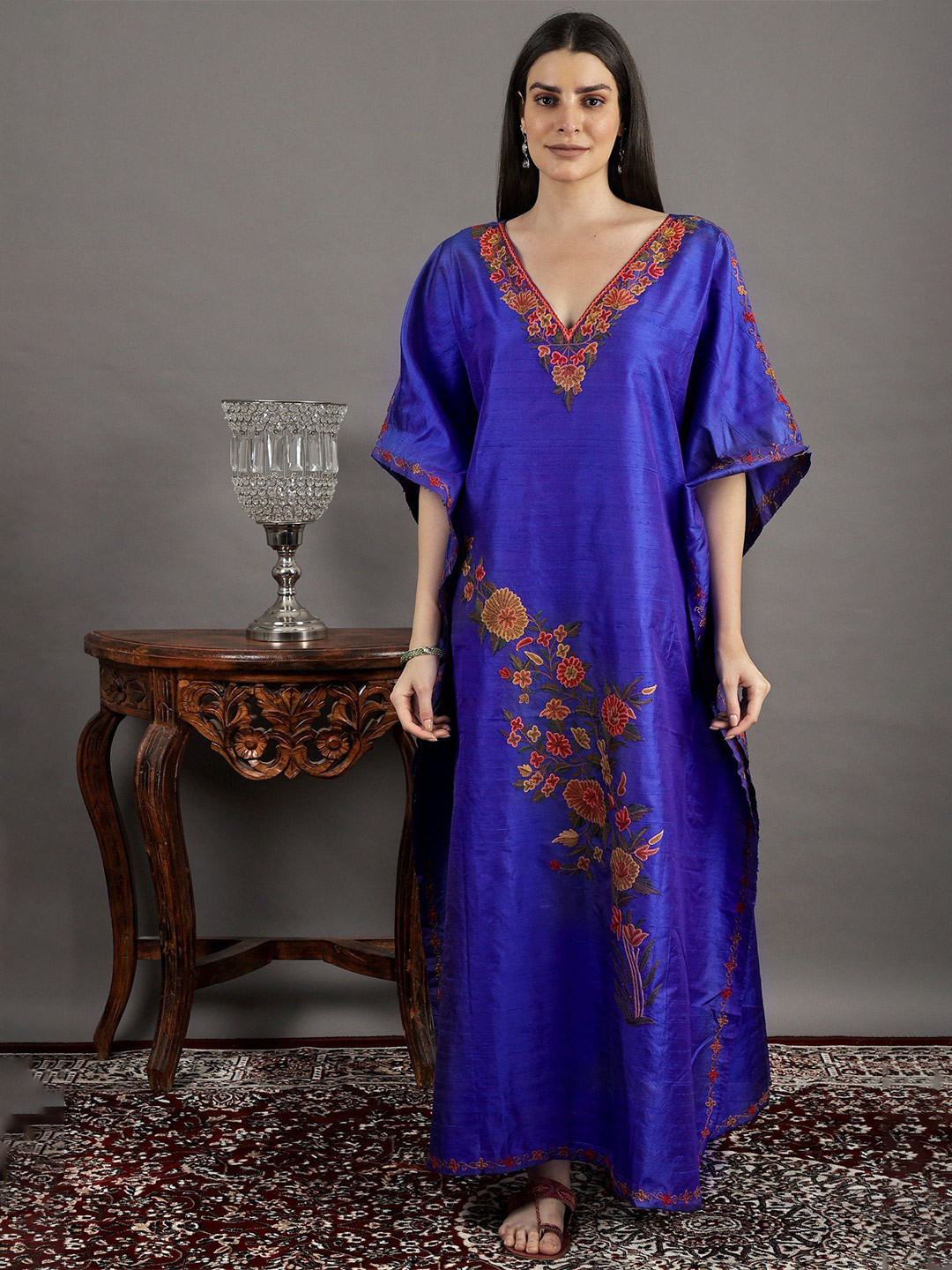 Exotic India Dazzling Blue Long Kashmiri Silk Kaftan with Aari Embroidered Flowers