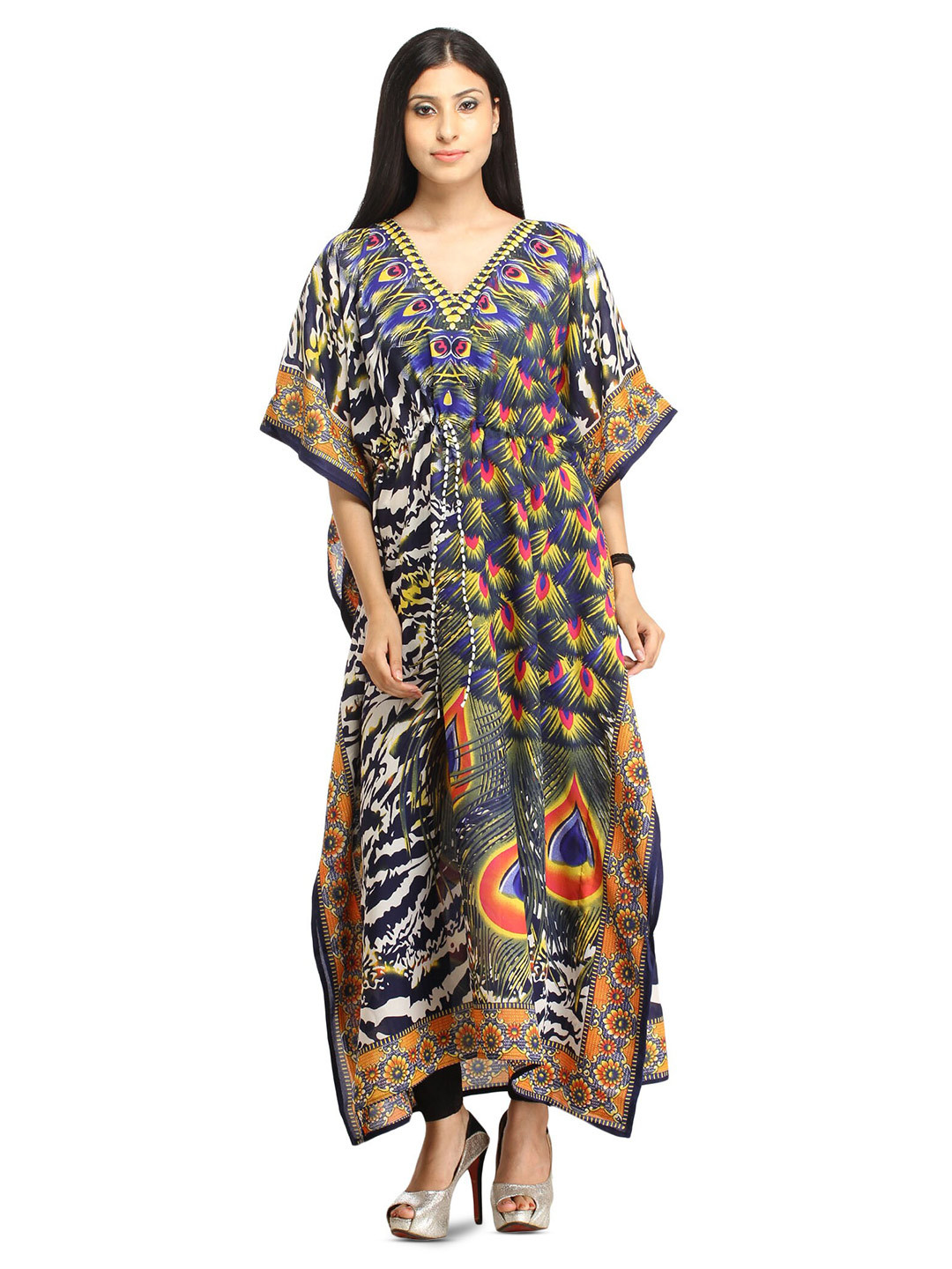 Exotic India Patriot Blue Digital-Printed Large Peacock Feather Kaftan with Dori on Waist