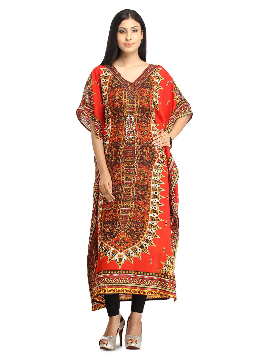 Exotic India Women Aztec Print Kaftan Kurta with Dori at Waist