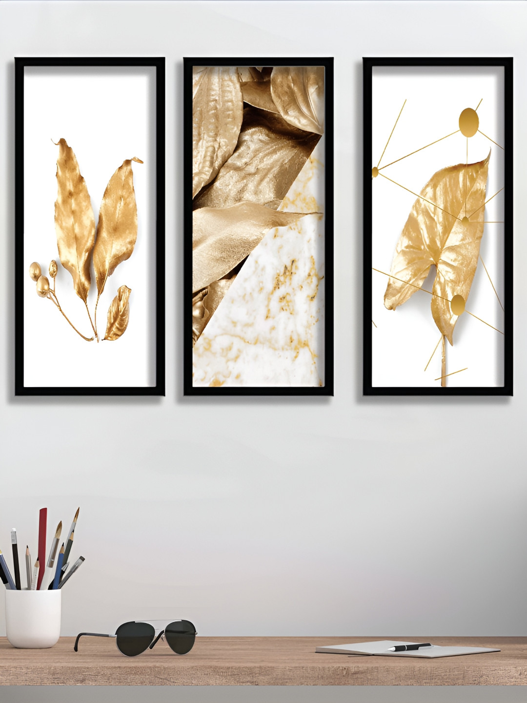 Aura White & Gold-Toned 3 Pieces Paper Wall Paintings