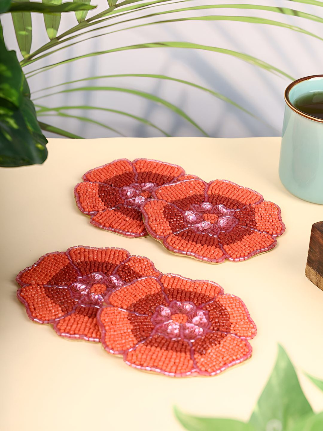 PURINA'S Orange & Red 4 Pieces Beaded Agate Stone Coasters