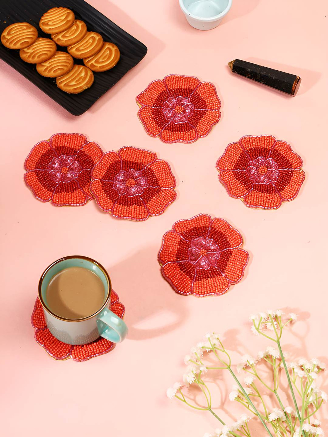 PURINA'S Red & Pink 6 Pieces Edge Embellished Arcylic Beaded Coasters