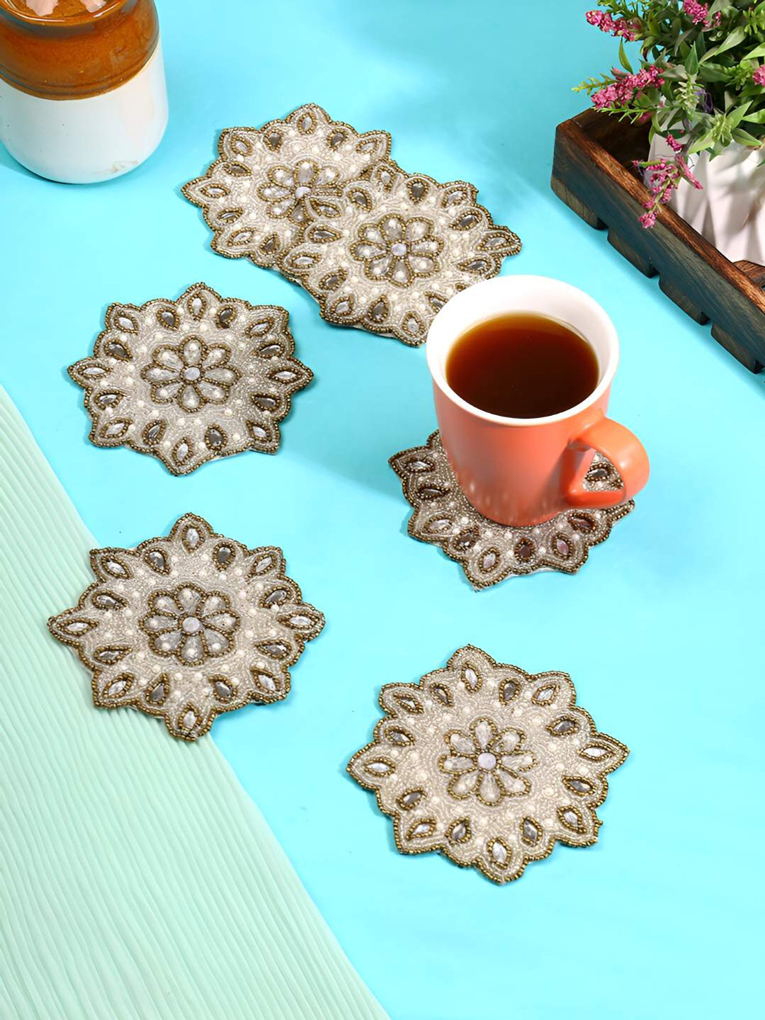 PURINA'S White & Brown 6 Pieces Embellished Floral Coasters