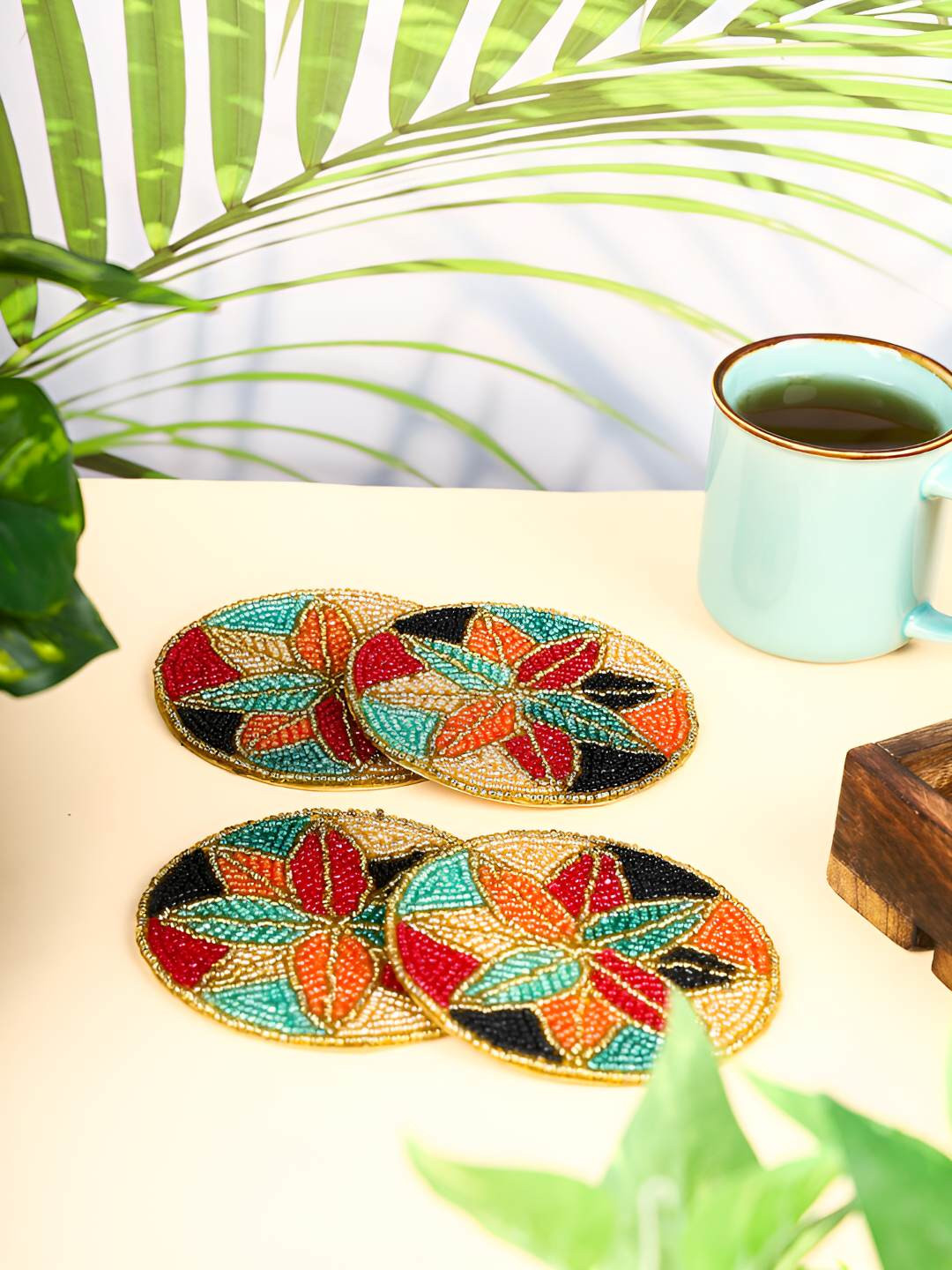 PURINA'S Cream & Green 4 Pieces Beaded Agate Stone Coasters