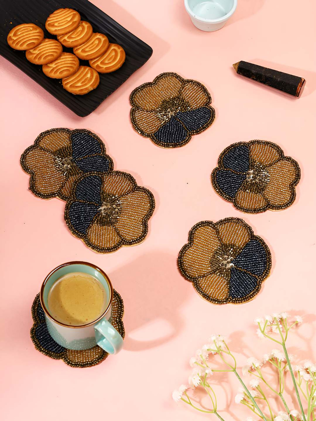 PURINA'S 4 Pcs Brown & Blue Floral Printed Agate Stone Coasters