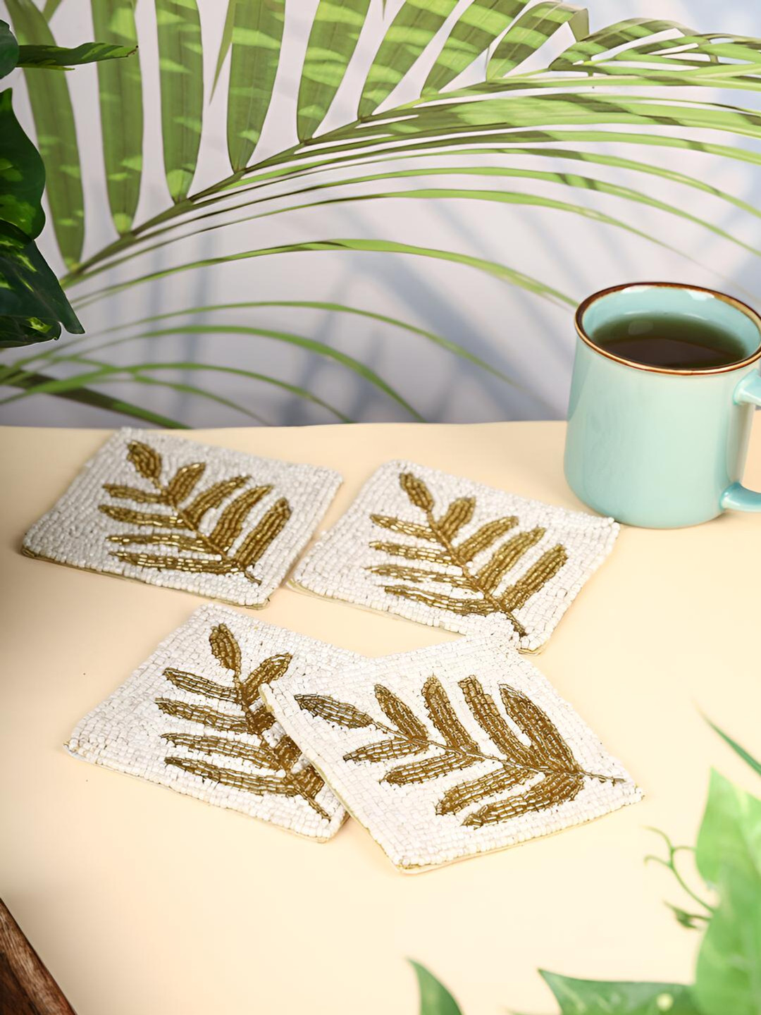 PURINA'S Cream Coloured & Brown 4 Pieces Beaded Agate Stone Coasters